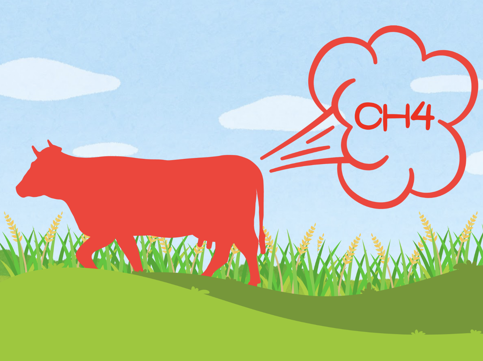 illustration of cow excreting methane gas (CH4)